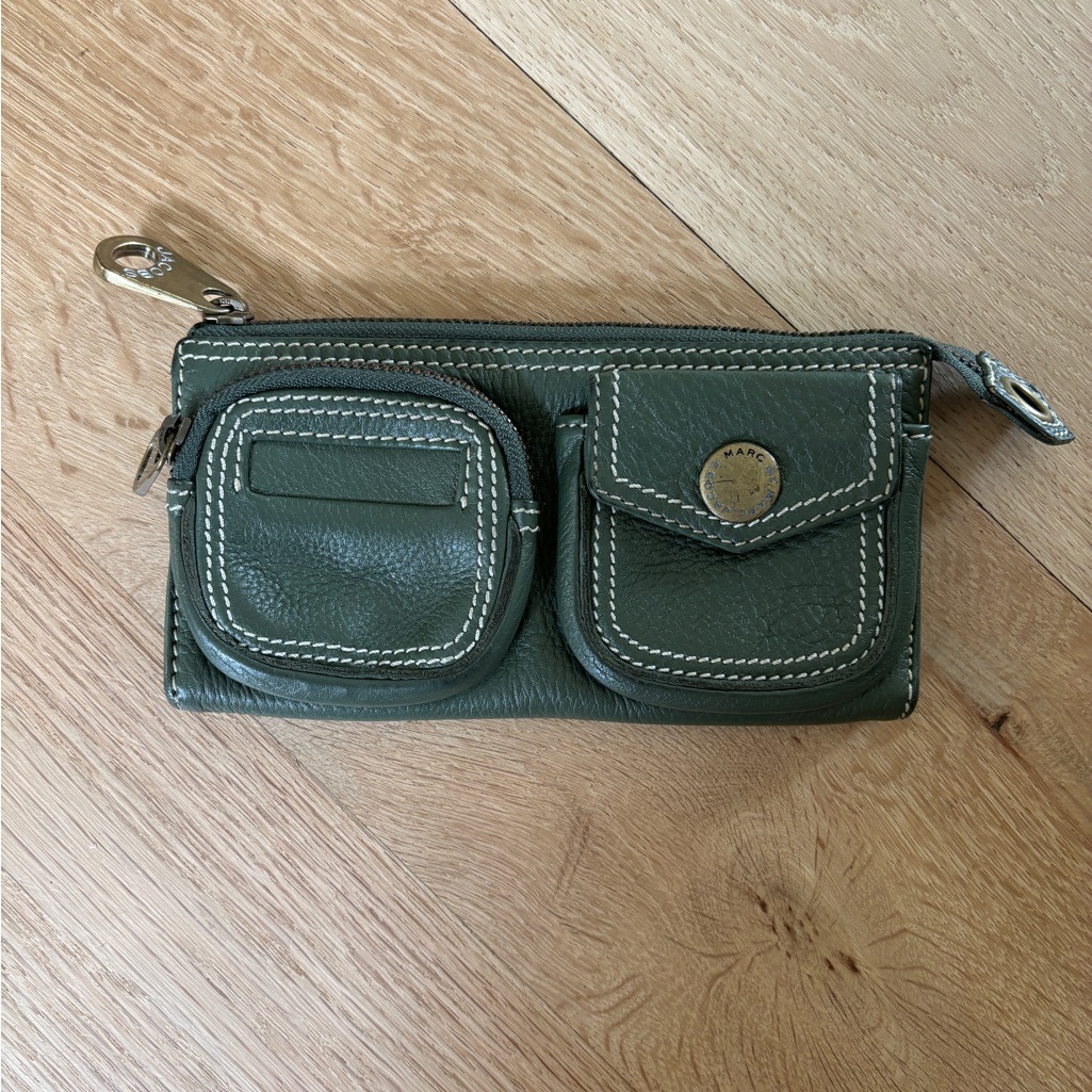Marc By Marc Jacobs Clutch Wallet Zipper Snap Button Green Pocket Leather Gold